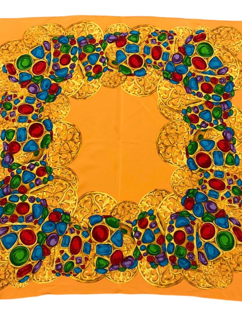 CHANEL VINTAGE ORANGE MULTI JEWEL PRINT SQUARE SILK TWILL SCARF
